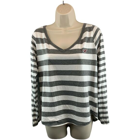 Hollister Shirt Womens Large White Gray Striped Long Sleeve Embroidered Logo - Picture 1 of 8